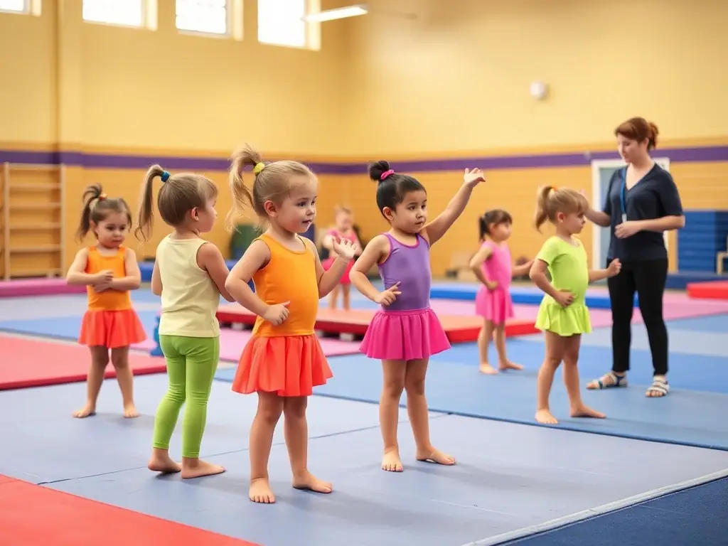 A group of young children participating in a beginner's gymnastics class, focusing on basic movements and coordination, with a coach providing guidance in a brightly lit gym.