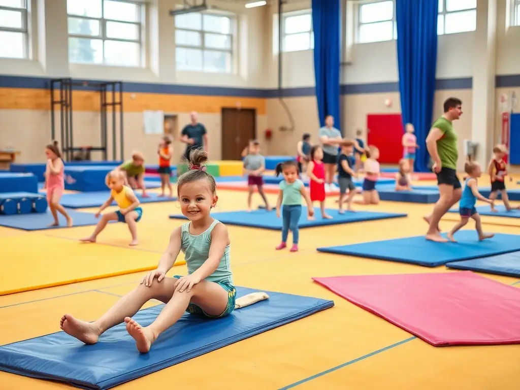 Adults participating in a recreational gymnastics class, focusing on fitness, flexibility, and stress relief, with a focus on safe and effective exercises.