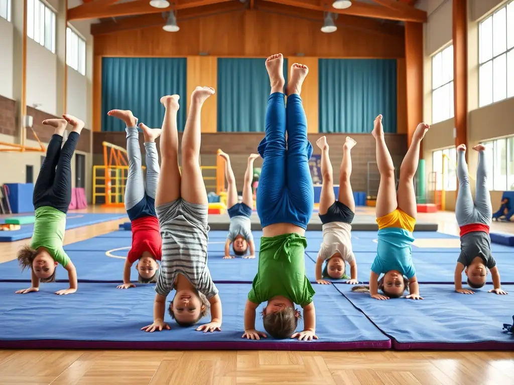 A group of young children practicing basic gymnastic moves on a colorful mat, with a coach guiding them. The scene is in a well-lit gymnasium, emphasizing the fun and supportive environment.