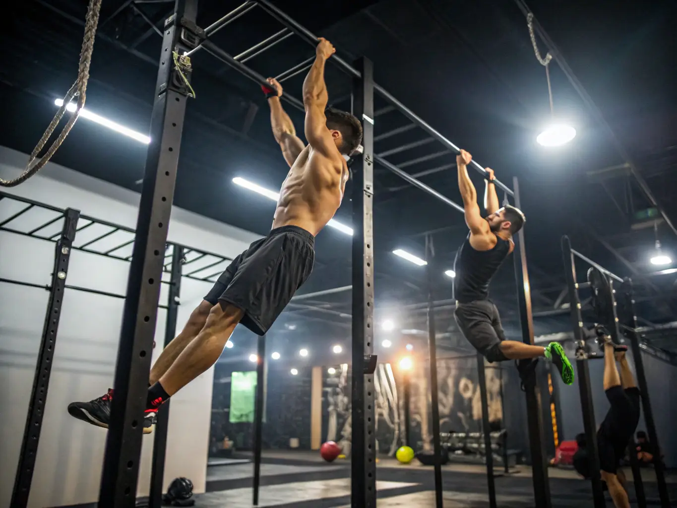Teenagers practicing advanced gymnastics routines on the uneven bars, showcasing strength, flexibility, and precision, under the supervision of experienced coaches.