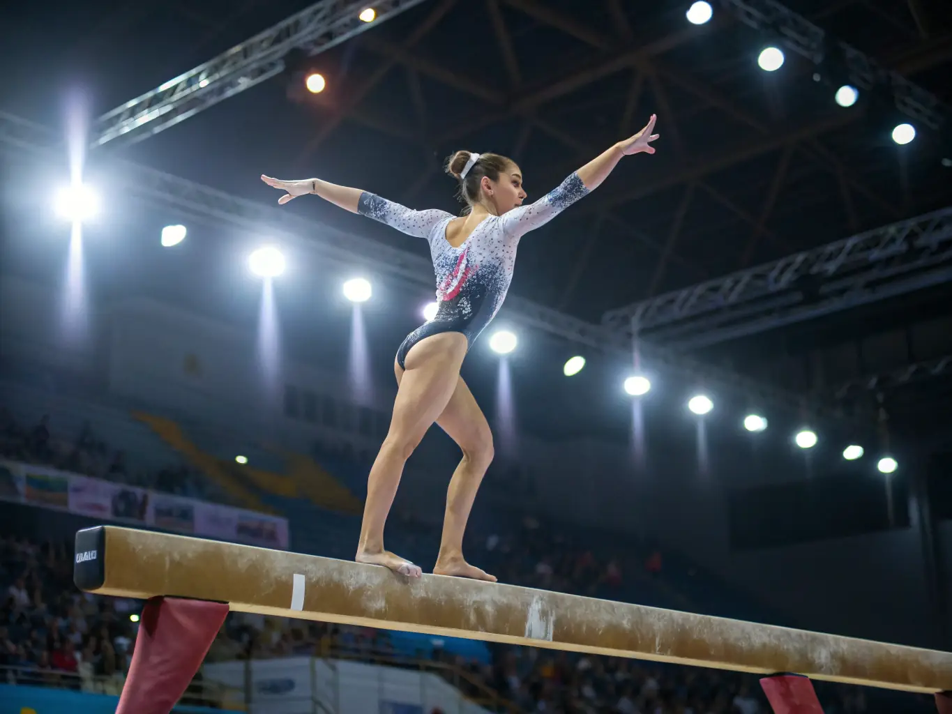 A gymnast balancing on a beam, demonstrating focus, poise, and control, with the USPL GYM logo subtly visible in the background.