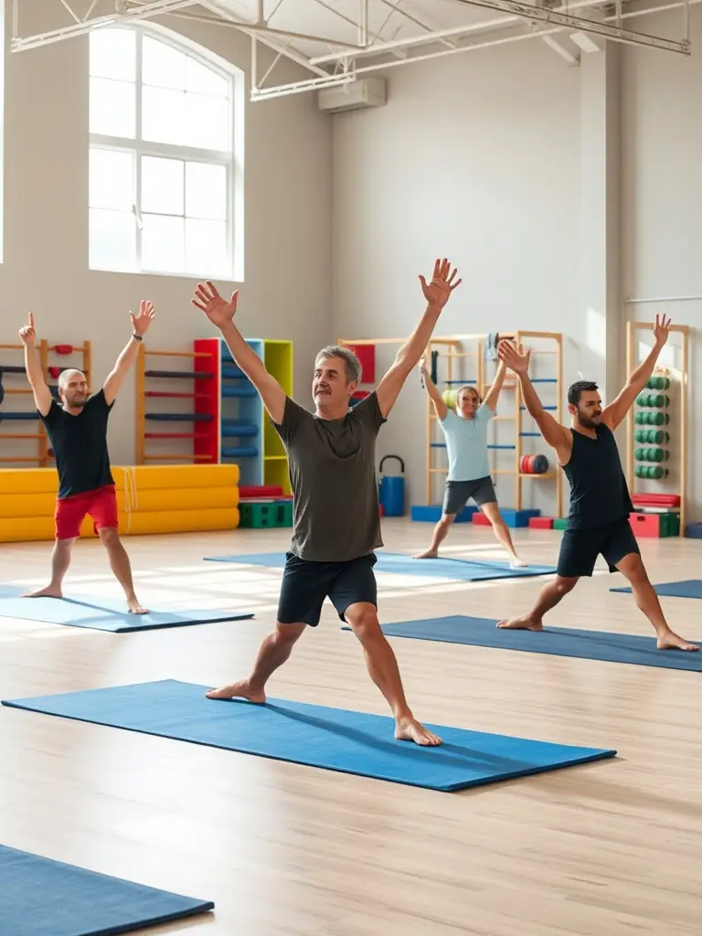 A group of gymnasts stretching and warming up, emphasizing the importance of flexibility and injury prevention at USPL GYM.