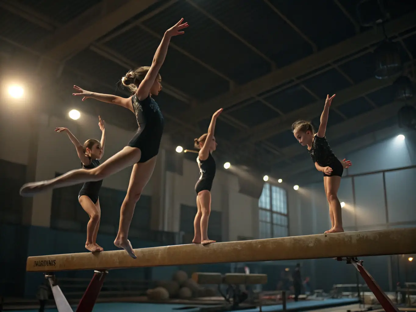A group of young gymnasts performing a synchronized floor routine, showcasing their flexibility, strength, and teamwork in a bright and modern gymnasium at USPL GYM.