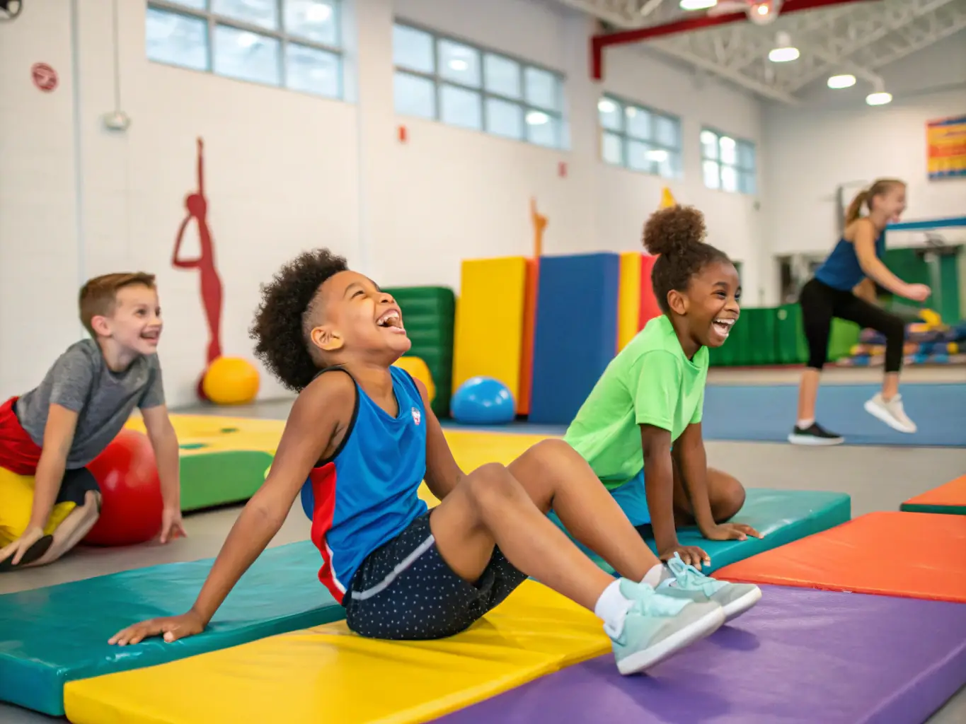 Children laughing and interacting during a gymnastics class, highlighting the social and fun aspects of the sport at USPL GYM.